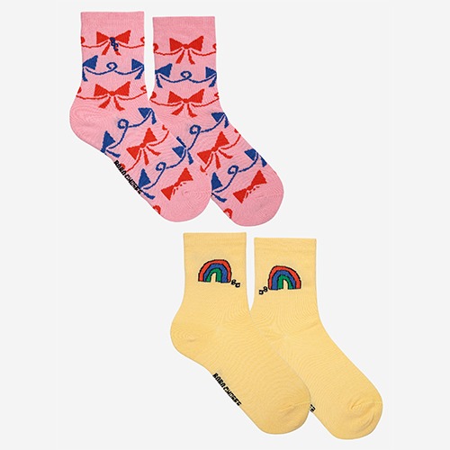 [bobochoses] Rainbow &amp; Ribbon Bow All Over short socks pack x 2